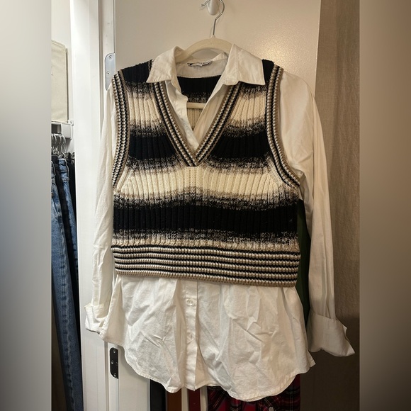 Veronica Beard Mixed Media Black and Cream Striped Sweater Vest - Picture 4 of 5